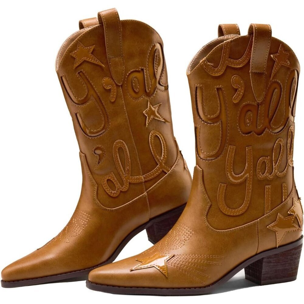⚡Women's Brown Embroidered Mid Calf Cowgirl Boot Western Pointed Toe Chunky Heel